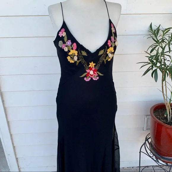 Vintage Betsey Johnson 90s 2000 100% silk Maxi midi dress embroidered low back - Picture 2 of 13